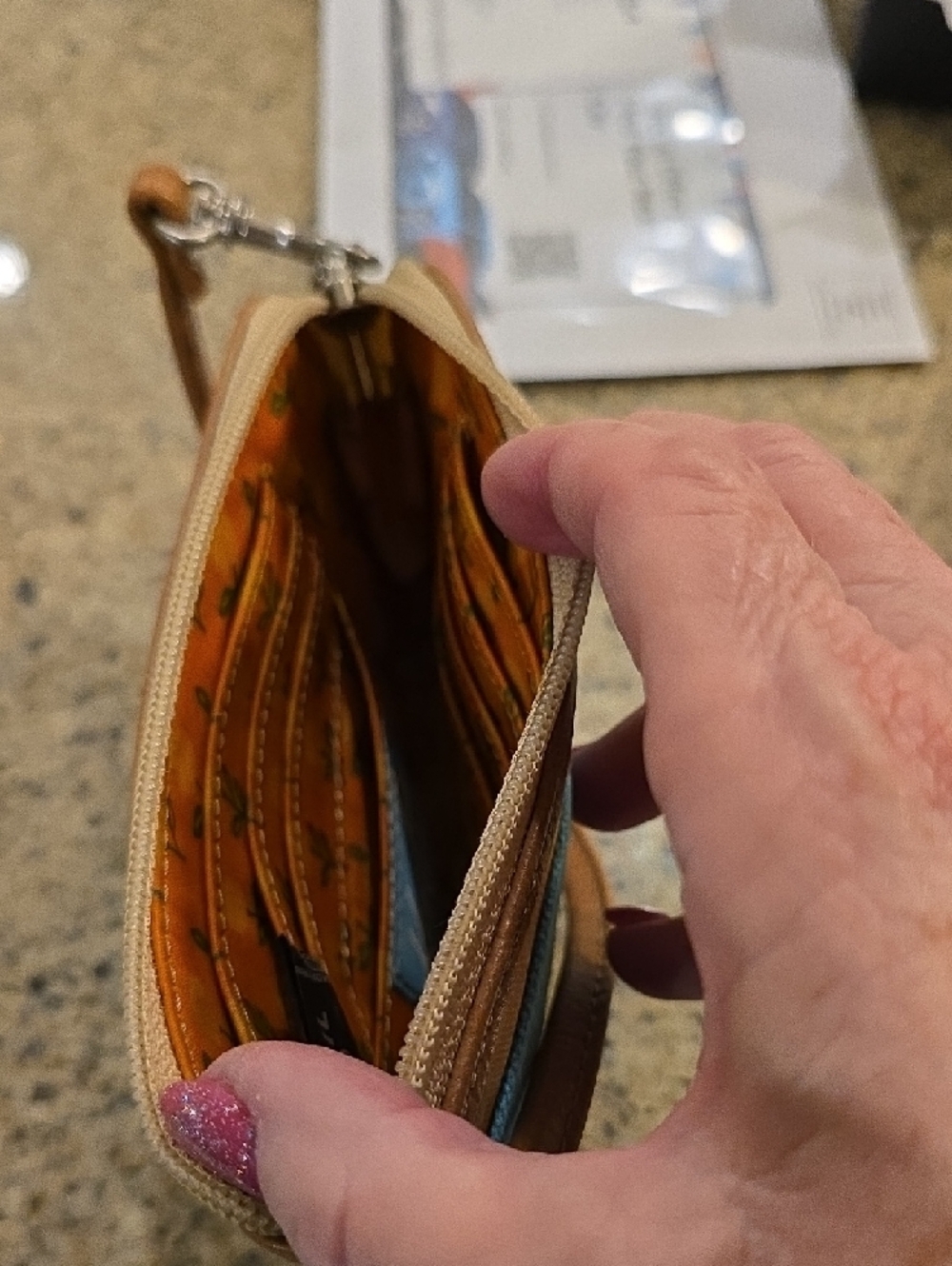 Fossil Tan Wallet with Blue Trim and Orange Accents - Picture 4 of 6